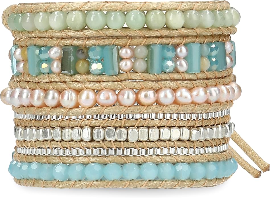 Bracelet for Women – Handmade Vegan Boho Natural Stone Layered Bracelet, Thailand Bohemian Stackable Beaded Wrap Bracelets, Summer Hippie Bracelet Stack, Fashion Jewelry Gifts