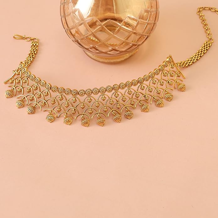 TARINIKA Brass Indian Choker Necklace Set - Gold Plated Cubic Zirconia Indian Jewelry Sets for Women Dangle, Drop, Jhumka Earrings Traditional Desi Necklace Pearls Gift for her