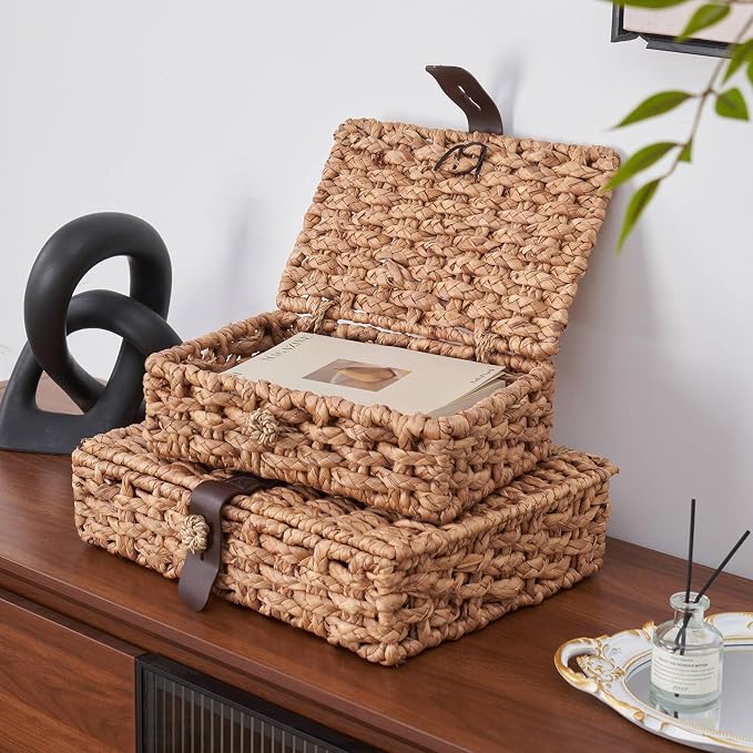 Decorative Box with Lid, Wicker Storage Basket, Water Hyacinth Woven Decorative - Image 4