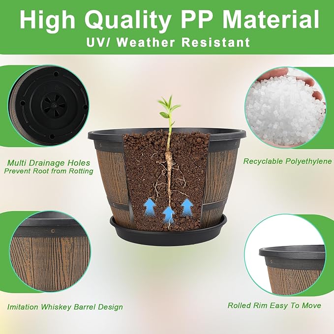 16-inch-Plant-Pots-Indoor-Outdoor, 4 Pack Large Whiskey Barrel Planters - Image 4