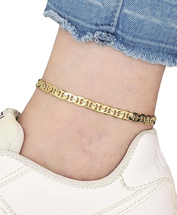 Gold Electroplated Anklet for Women, 9-12 Inch Sizes, Figaro, Cuban, Mariner, Herringbone Design - Made in Korea