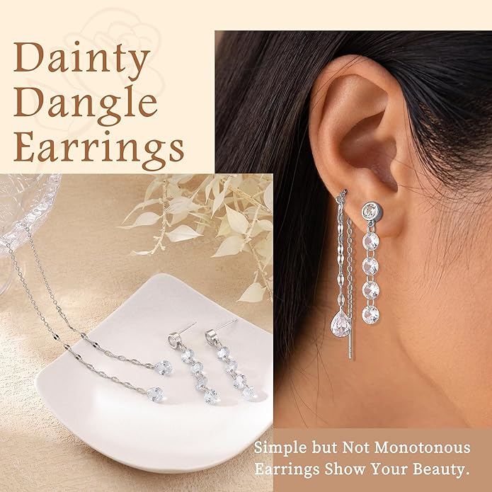Dangle Earrings For Women Trendy 14K Gold Plated Drop Silver Long Dangling Dainty CZ Simple Hanging Jewelry