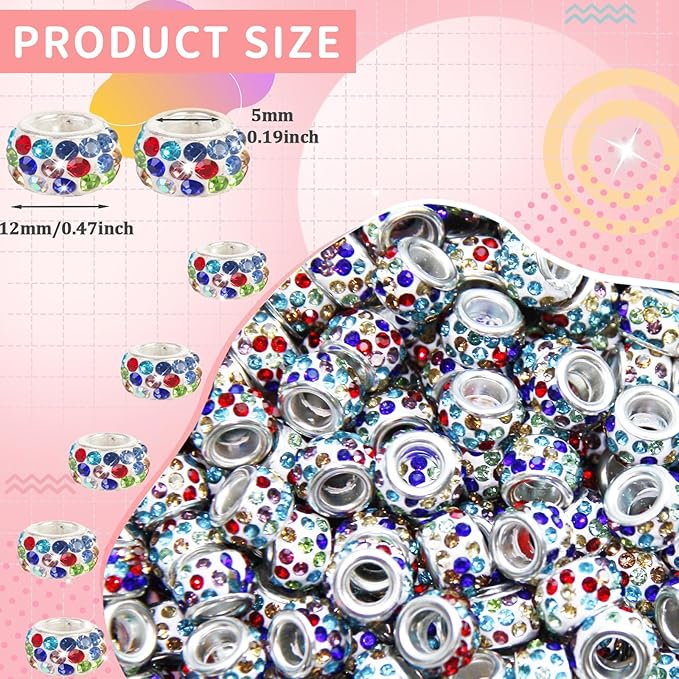 200Pcs Rhinestone Large Hole Beads Spacer Beads White Color European Craft Big Beads Large Hole Rhinestones Lampwork Beads Fairy Wand Garden Bead for DIY Bracelet Necklace Jewelry Making Supplies