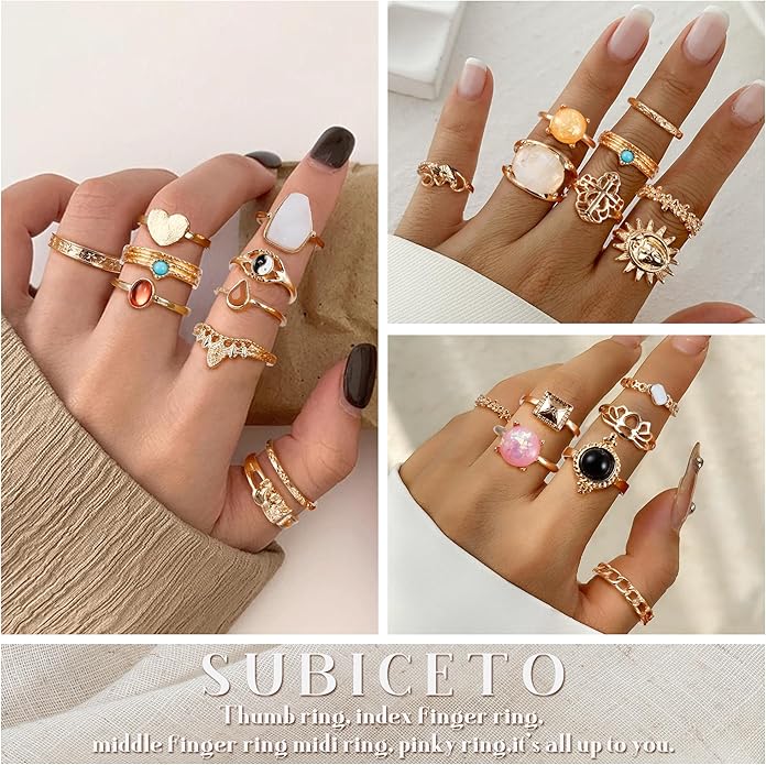Subiceto 70 Pcs Vintage Crystal Ring Set Knuckle Rings for Women Bohemian Stackable Joint Rings Retro Boho Stacking Joint Finger Rings Pack