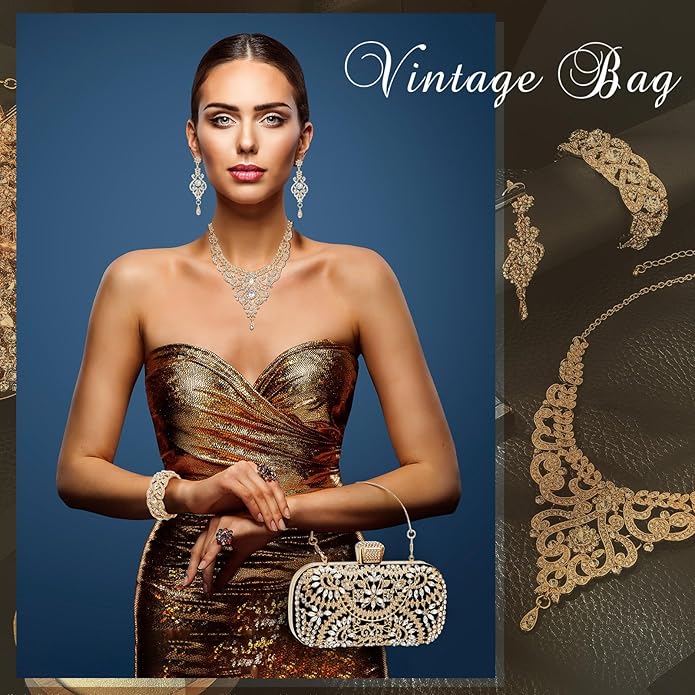 Quelay 4 Pcs Purse Rhinestone Jewelry Set Evening Clutch Bag Bling Crystal Necklace Dangle Earrings Bracelets Accessories