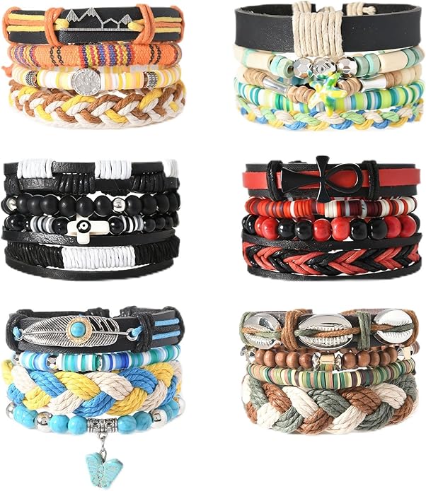 Punk Beaded Bracelets Pack for Men Women, Mens Bracelet Set with Beads, Mens Bead Bracelet Stackable Gothic Boho Adjustable Men Bead Bracelet Pack