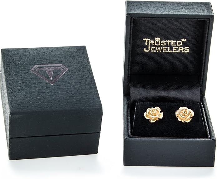 Solid 14K Yellow Gold Rose Flower Stud Earrings Handcrafted style 3/8 inch with Post and Friction Back | 2.0g