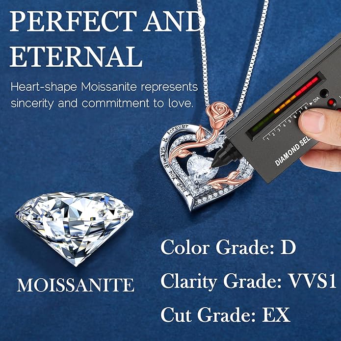 MOOSEA Valentines Day Gifts for Her - 925 Sterling Silver Rose Heart Moissanite Necklace, 1-3 ct VVS1 Clarity Lab Created Moissanite Anniversary Birthday Gifts for Mom Wife Girlfriend Jewelry Gift