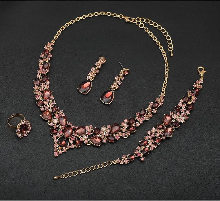 CSY 4 Pcs/Set Austrian Crystal Necklace Earrings Bracelet Ring Bridal Jewelry Sets for Brides Wedding Party Costume Accessories Gifts for Women