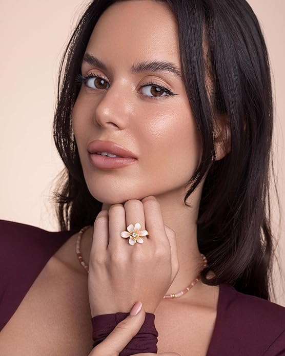 Gold Rose Pink Enamel Floral CZ FULLY ADJUSTABLE Statement Open Ring for Women by SNGIA, Daisy Orchid Flower Leaf Summer Beach Handmade Unique Pinky Band, Chunky Sunflower Stackable Cute Cuff Cocktail Ring Birthday Gift, Natural Bold Exaggerated Irregu...