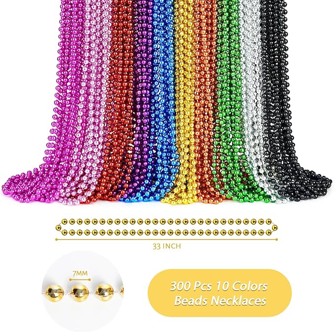 ZYFLSQ 300 Pcs Mardi Gras Beads Necklaces Bulk, 33" 7mm Multi Colors Metallic Beaded Necklaces for Party Costume Necklaces (10 Colors)