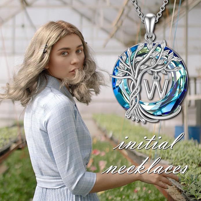 TOUPOP Gifts for Women Tree of Life Necklace 925 Sterling Silver Initial Pendant Family Tree Crystal Jewelry Valentine's Day Birthday Gifts for Her Mom Wife Girlfriend Daughter