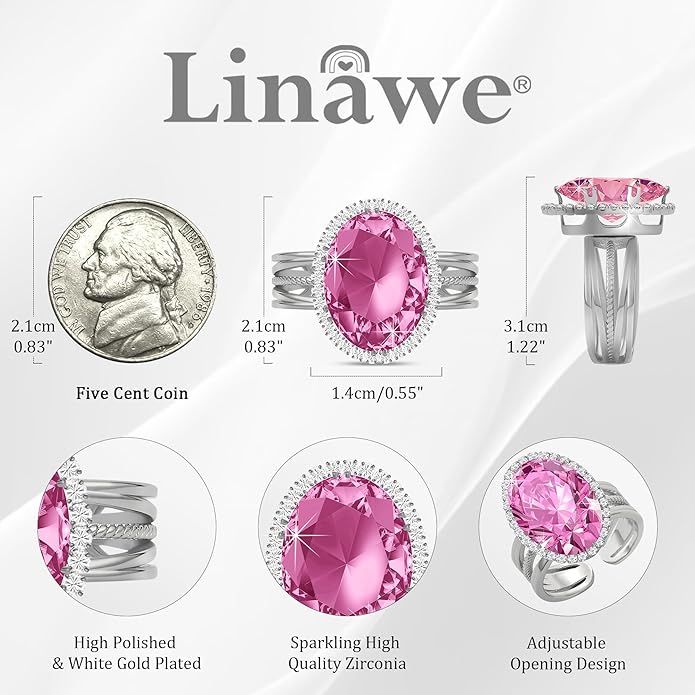 Linawe Birthstone Chunky Adjustable Rings for Women, Gold/Silver/Rose Gold Statement Rings, Imitation Diamond Fake Gemstone Crystal Cocktail Ring, Cubic Zirconia Costume Jewelry