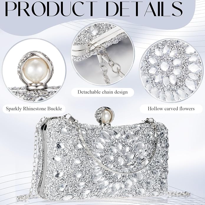 Quelay 4 Pcs Purse Rhinestone Jewelry Set Evening Clutch Bag Bling Crystal Necklace Dangle Earrings Bracelets Accessories
