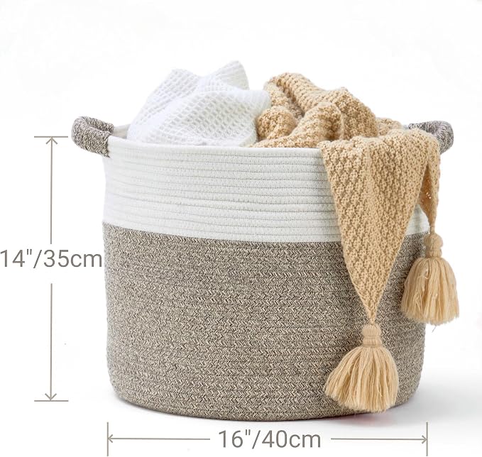 Blanket Basket for Living Room, Woven Rope Storage Basket | 16"D x 14"H | White - Image 4