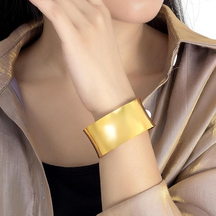 Dankadi Women 925 Sterling Silver Curved Bangle 30MM Wide Grooved Cuff Bangle Shiny Punk Open Bracelet Adjustable Plated 24k Gold/Rose Gold Jewelry Gift
