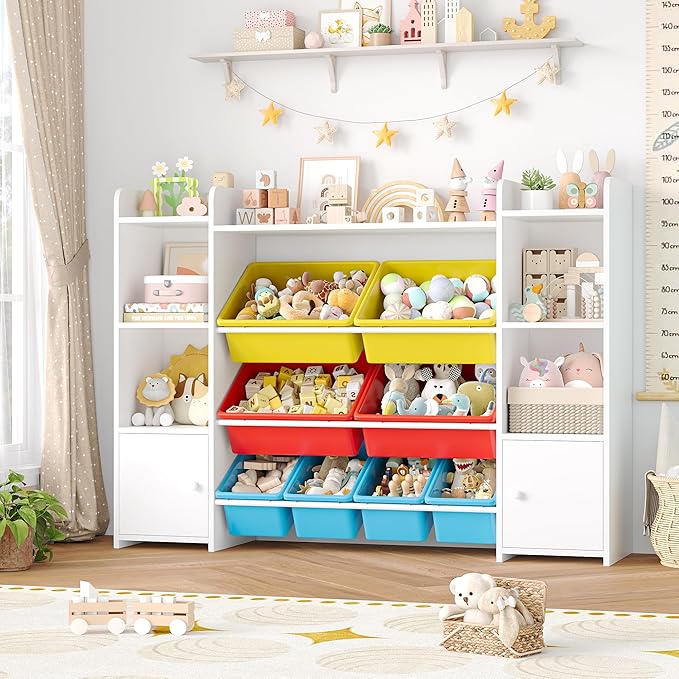 FOTOSOK 55''Large Toy Storage Organizer with 8 Toy Bins, Toy Organizers and Storage with Shelf and 6 Storage Cubbies, Bookshelf, Playroom Organization and Storage Bins, White/Red