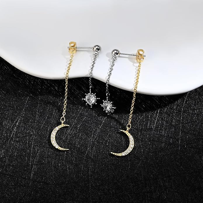 Moon and Star dangle Earrings for Women Chain Tassel with Cubic Zirconia Drop Celestial Jewelry for Wedding Gift