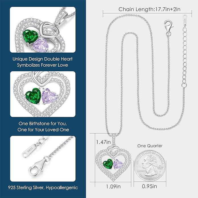 LOUISA SECRET Sparkling Double Heart Birthstone Necklaces for Women, 925 Sterling Silver Fine Jewelry, Pendant Heart Necklaces Birthday Anniversary Christmas Gift for Women Wife Mom Girlfriend Lady