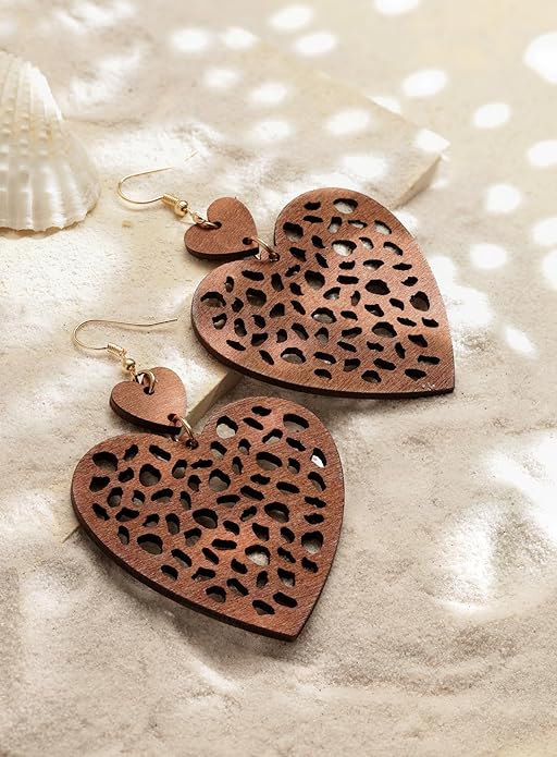 MINACHI Bohemian Hollow Cut-Out Wood Leather Dangle Drop Earrings, Boho Chic Hippie Statement Jewelry Gift for Women