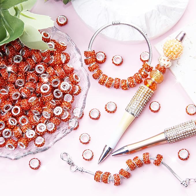 60Pcs Rhinestone Large Hole Beads Spacer Beads Orange European Craft Big Beads Large Hole Rhinestones Lampwork Murano Bead Fairy Wand Garden Beads for DIY Bracelet Necklace Jewelry Making Supplies