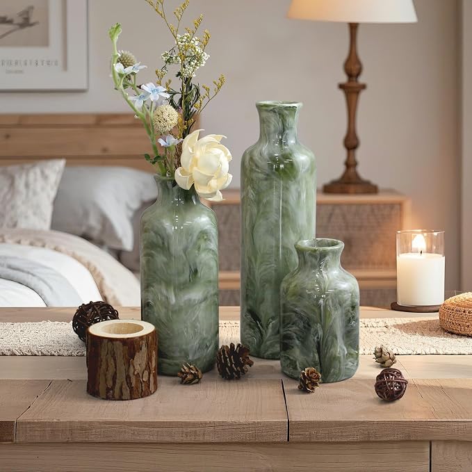 Resin 3 Piece Decorative Vase Set, Sage Green Farmhouse Home Decor | Rustic - Image 2