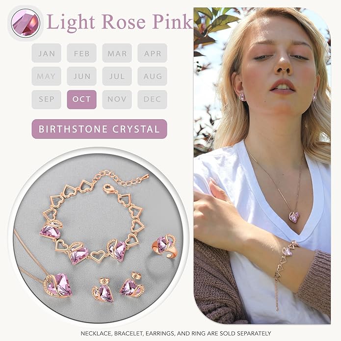 Leafael Rose Gold Plated Necklace for Women: Heart Shaped Birthstone/Healing Crystals Center, Dazzling Cubic Zirconia, Hypoallergenic Chain (18"+2"), Jewelry Gifts for Anniversaries and Birthdays