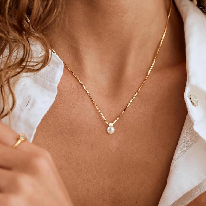 WFYOU Pearl Necklaces for Women Trendy 6MM 8MM 10MM Dainty Round Natural Freshwater Pearl Necklace Silver 14K Gold Plated CZ Pearls Necklaces for Women Birthday Bridesmaid Wedding Gifts Pearl Jewelry