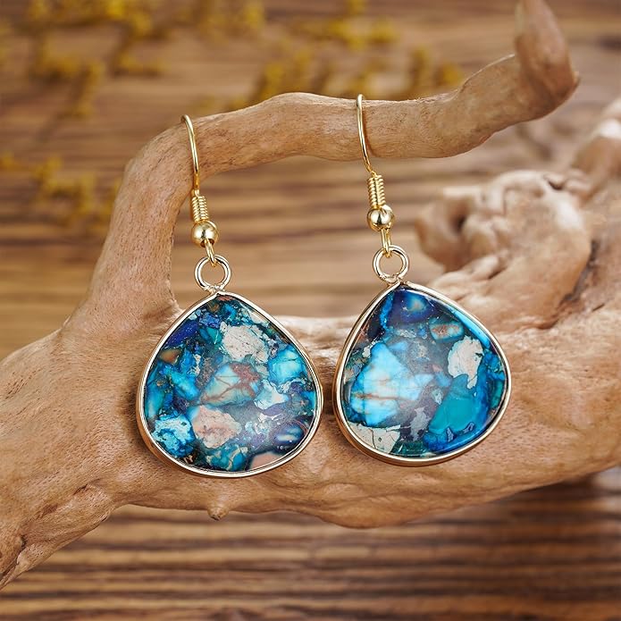 Boho Women Natural Stone Earrings Unique Healing Imperial Jasper Gemstone Energy Hypoallergenic Lightweight Dangle Drop Earrings Multiple Styles Earrings Jewelry for Birthday Party Gift