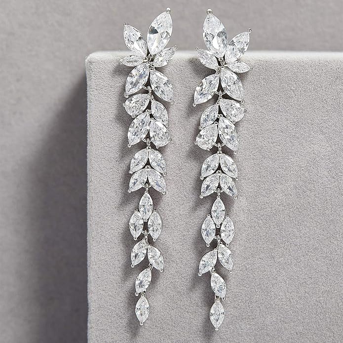 SWEETV Marquise Cubic Zirconia Wedding Earrings for Women Brides, Crystal Chandelier Bridal Drop Earrings for Prom Pageant