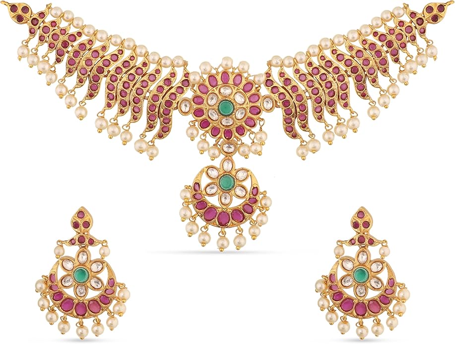 TARINIKA Brass Indian Choker Necklace Set - Gold Plated Cubic Zirconia Indian Jewelry Sets for Women Dangle, Drop, Jhumka Earrings Traditional Desi Necklace Pearls Gift for her