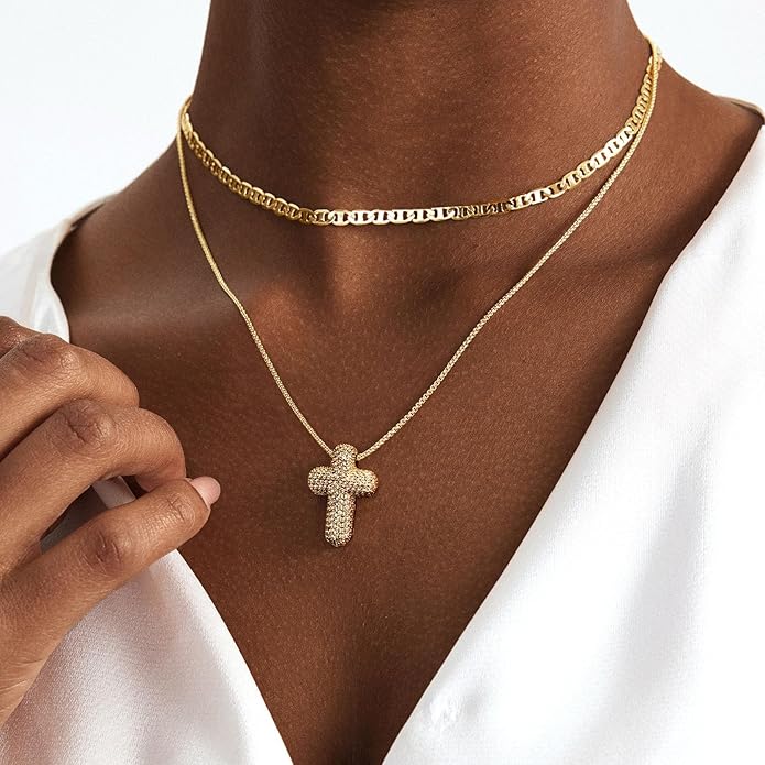 OGD Bubble Cross Necklace for Women 14k Gold Plated Cross Necklace Stackable Dainty Gold Necklace Mariner Chain Necklace CZ Cross Pendant Necklaces Set Simple Jewelry Gift