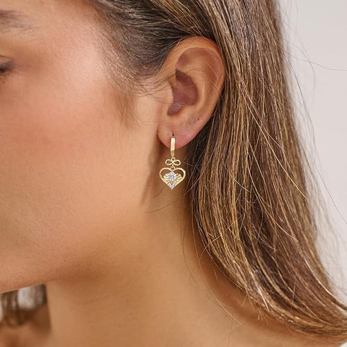 14K Gold Hoop Earrings for Women, 8mm Inner Diameter Huggie Hoops with Heart & Bow CZ Drop, Cubic Zirconia Elegant Dangle Earring, Hypoallergenic Dainty Jewelry, Aretes De Oro Para Mujer 14k