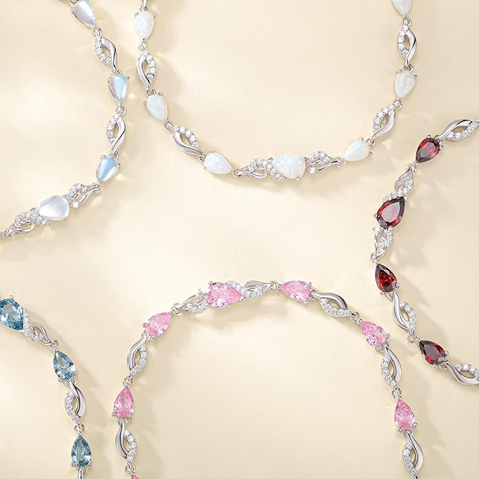 FANCIME Birthstone Teardrop Tennis Bracelet for Women, Sterling Silver 9x7mm main Gemstone Bolo Adjustable Chain Bracelet Fine Jewelry Birthday Gifts for Women Mom Wife Her