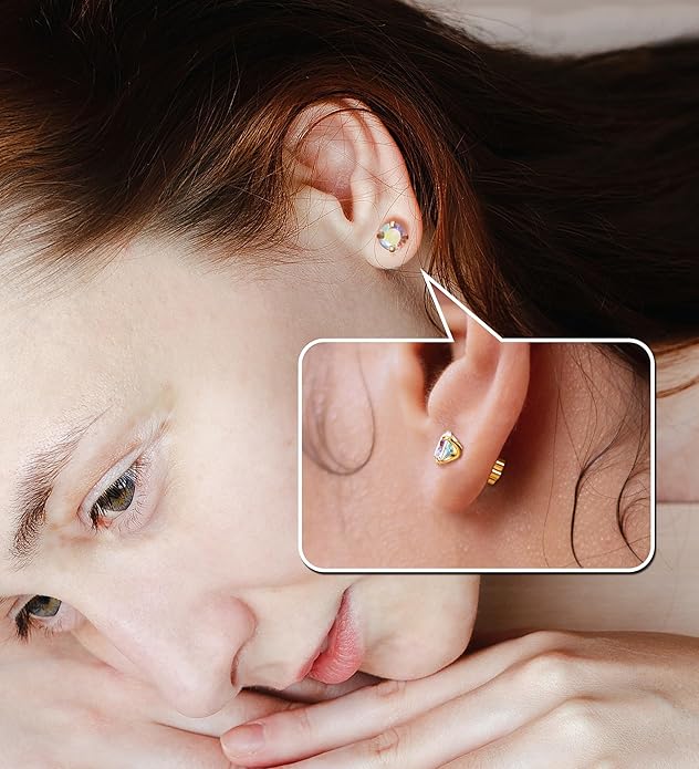 4Pairs AB Cubic Zirconia Earrings Studs Flat Back Earrings for Women 14K Gold CZ Flatback Stud Earrings Hypoallergenic Cartilage Nap Earrings