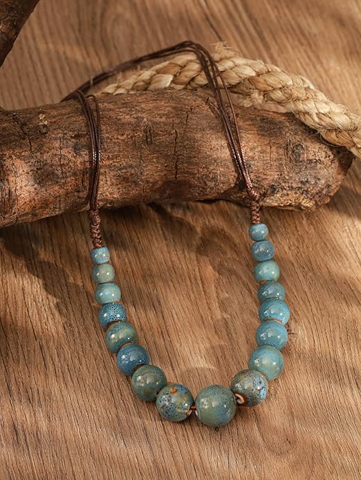 MINACHI Hippie Boho Colorful Ceramic Round Beads Strand Necklace, Bohemian Fashion Statement Jewelry Gift for Women