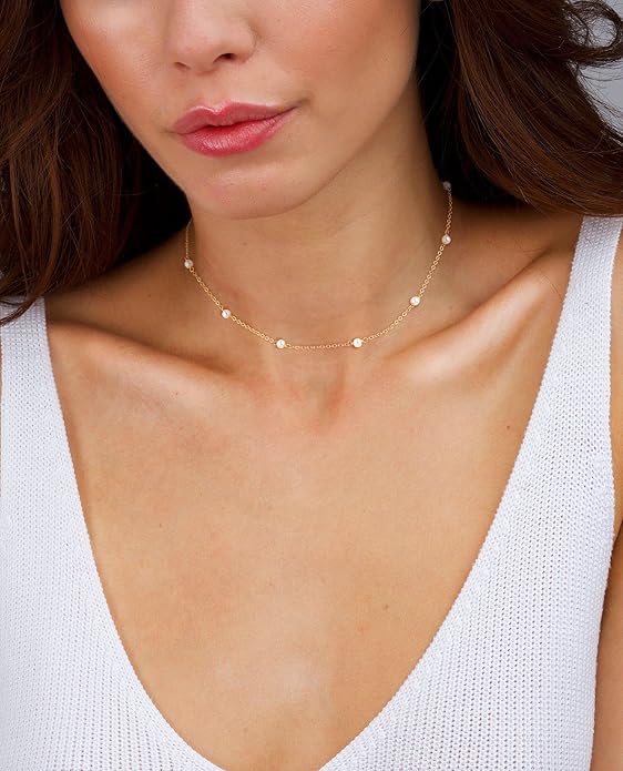 CHESKY 14k Gold Plated/Silver Plated Dainty Necklace for Women, Trendy Satellite Choker Necklace Thin Beaded Layered Choker Necklaces Discs Paperclip Chain Necklaces Womens Simple Jewelry