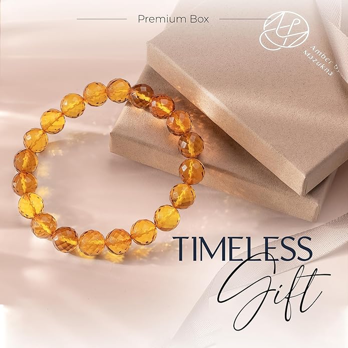 Natural Baltic Amber Bracelet for Women and Men – Stretch Wristband with Faceted Beads, Lightweight Unisex Jewelry Gift for Daily and Casual Wear