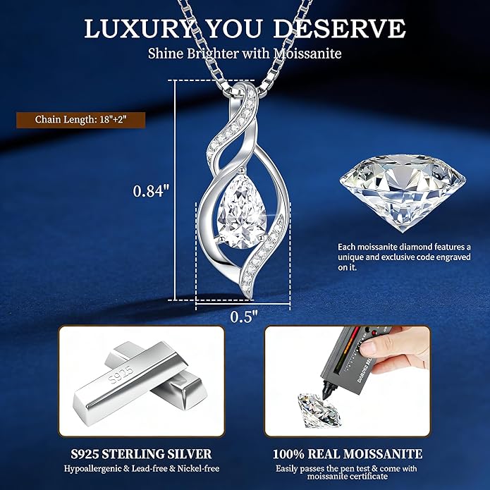 Gorgeous Moissanite Necklaces for Women - Valentine's Day Gifts for Wife Girlfriend, 925 Sterling Silver 1-3CT Moissanite Pendant Jewelry, Wedding Anniversary Birthday Christmas for Mom