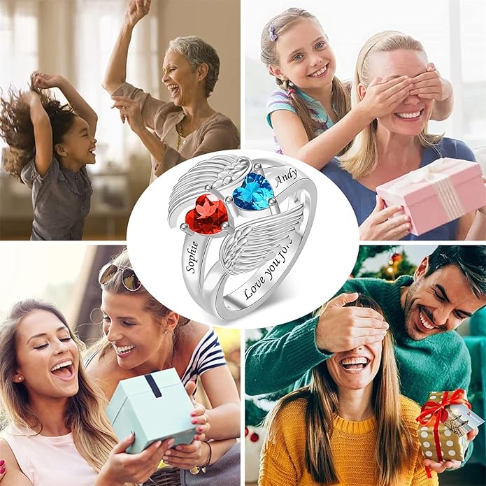 Personalized Heart Birthstone Rings for Women with 2 Birthstones Custom Name Rings for Couple Mother Daughter Jewelry Gift for Mother Her Christmas