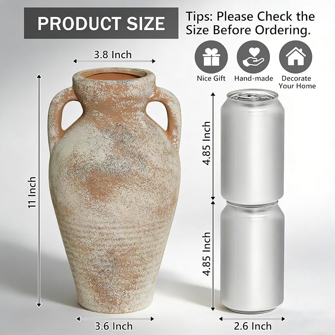 Ceramic Flower Vase with Handles, 11 Inch Terracotta Tall Vase | Farmhouse - Image 2