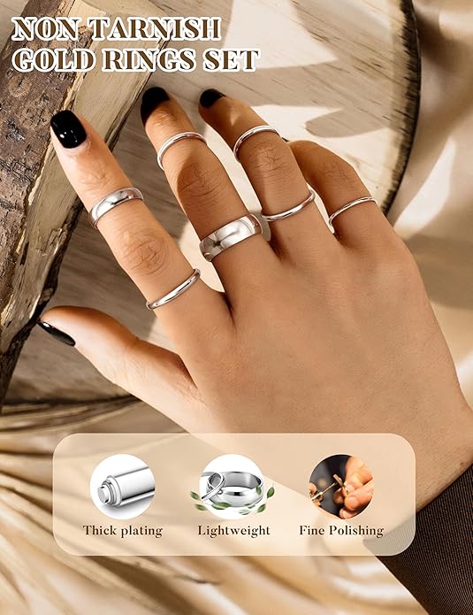 HAIAISO Silver Rings for Women Non Tarnish Stainless Steel Rings Set Dainty Gold Band Ring Stack Simple Stackable Thumb Pinky Ring for Multiple Size