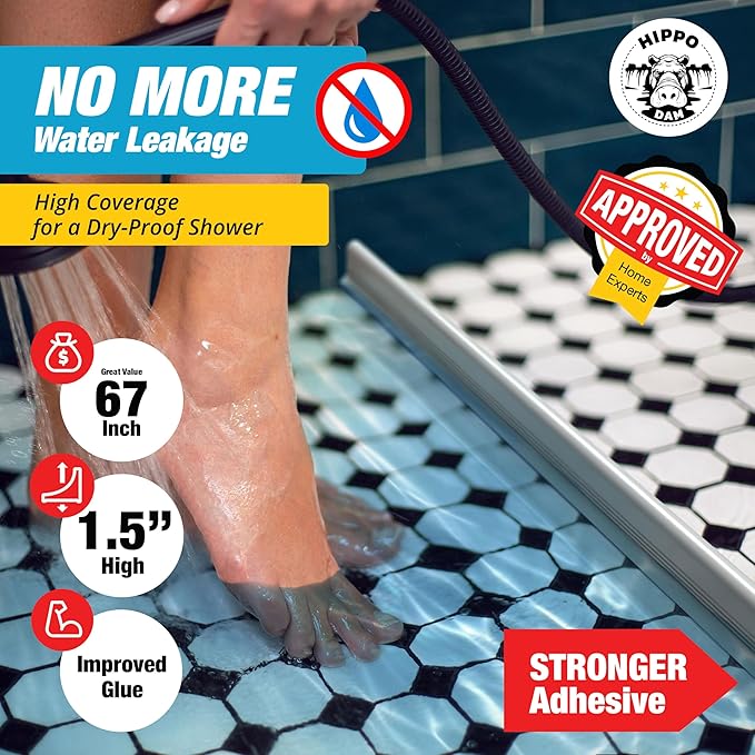 67" White Shower Threshold Water Dam Barrier, 1.5" Tall Water Stopper Strip | - Image 3
