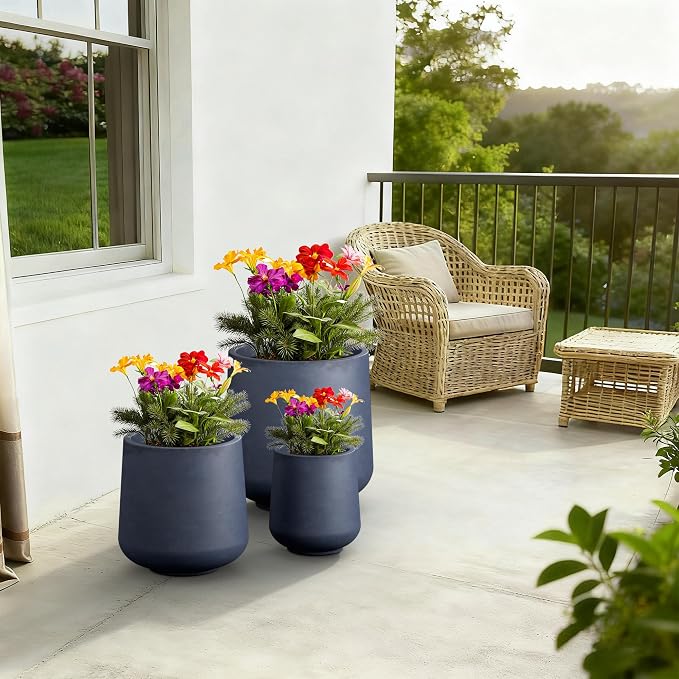 Kante Set of 3 Charcoal Concrete Curved Planters 16.5" 13" 9.4" Dia | Drainage - Image 6