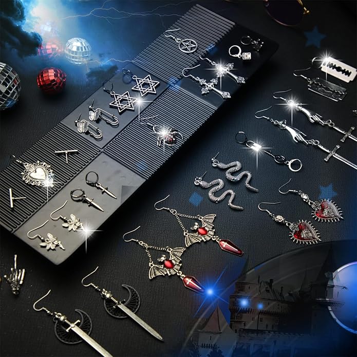 Yinkin 40 Pairs Goth Earrings Set Grunge Punk Rock Dangle Earring Gothic Y2k Jewelry Bat Cross Snake Skull Earrings for Women