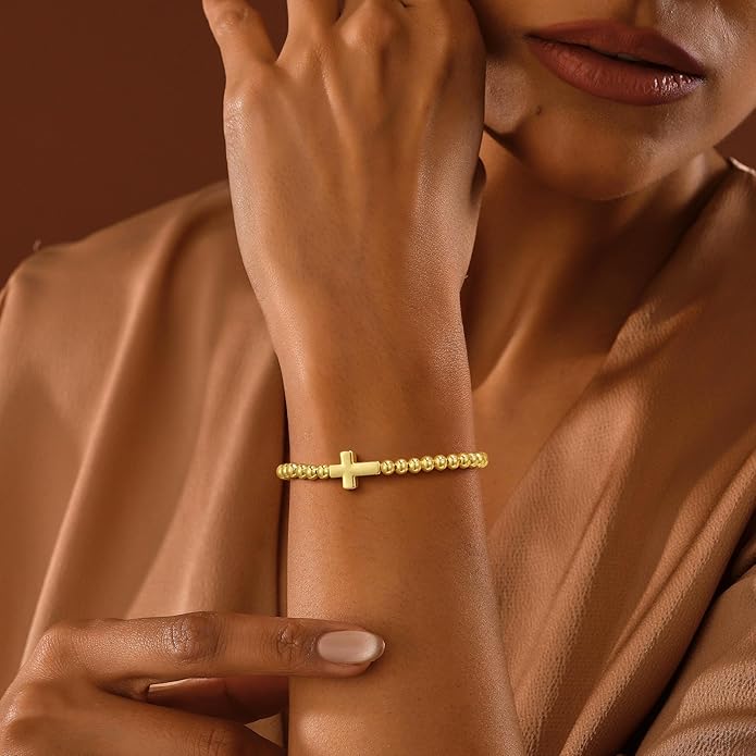 Gold Bracelets for Women, Cute 14K Gold/Silver Plated Stretch Beaded Bracelets for Women Trendy Stackable Charm Bracelet Dainty Adjustable Waterproof Non Tarnish Jewelry Gifts for Her
