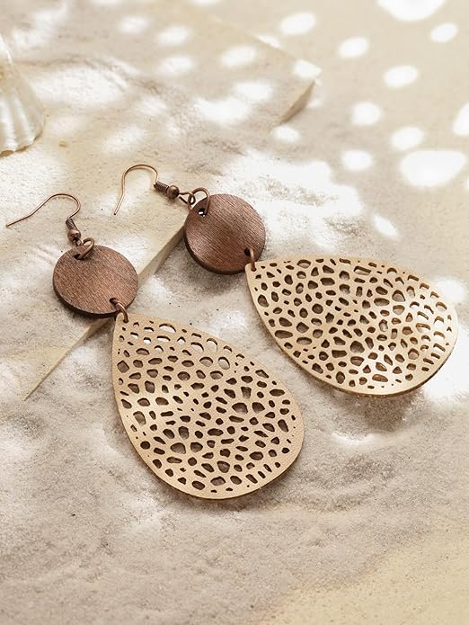 MINACHI Bohemian Hollow Cut-Out Wood Leather Dangle Drop Earrings, Boho Chic Hippie Statement Jewelry Gift for Women