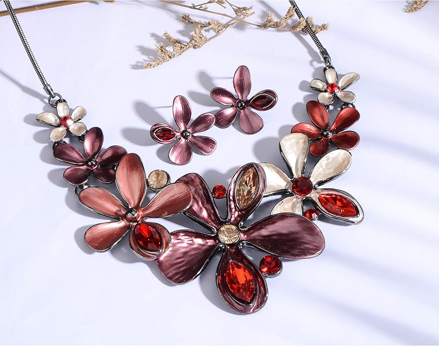 AMYJANE Vintage Statement Jewelry Set - Spring Leaf Flower Floral Plant Necklace Earring Set Crystal Rhinestone Fashion Costume Jewelry for Women Prom Party Unique Gift