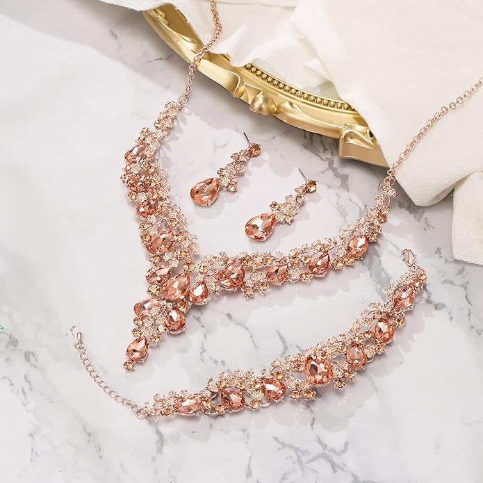 BriLove Women's Wedding Bridal Austrian Crystal Teardrop Flower Cluster Statement Necklace Dangle Earrings Jewelry Set for Party Prom