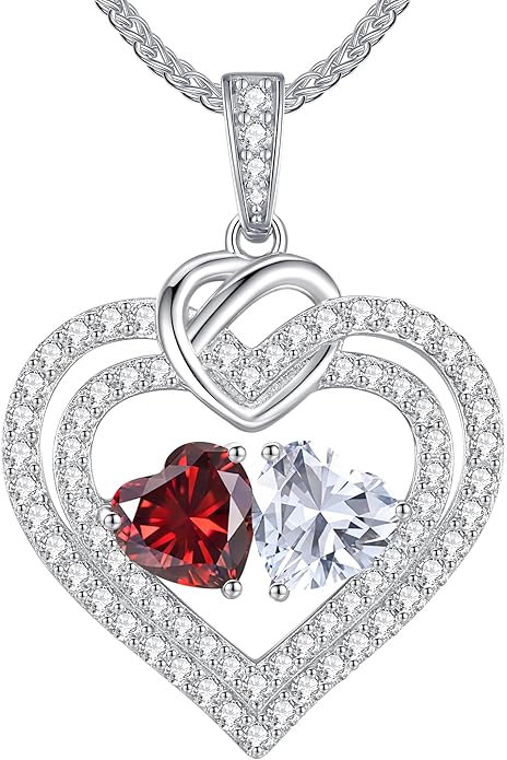LOUISA SECRET Sparkling Double Heart Birthstone Necklaces for Women, 925 Sterling Silver Fine Jewelry, Pendant Heart Necklaces Birthday Anniversary Christmas Gift for Women Wife Mom Girlfriend Lady